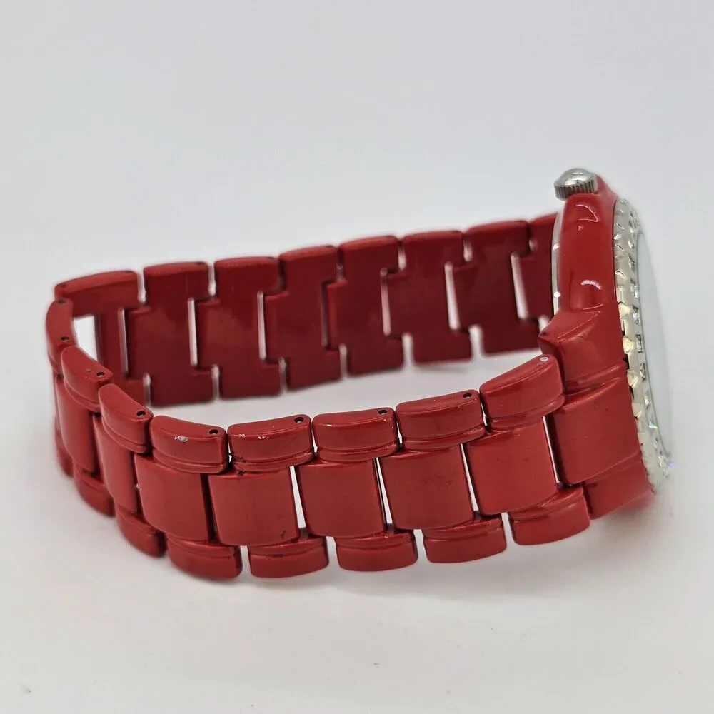 40MM Women's Watch White Dial Gemmed Bezel Red Metal Bands 7.5